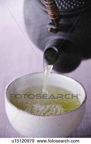 Stock Photo - Green tea pouring into cup. Fotosearch