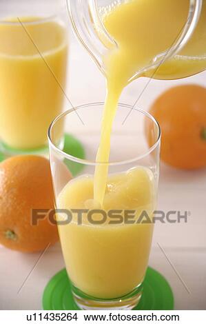 Picture - Orange juice pouring into glass. Fotosearch