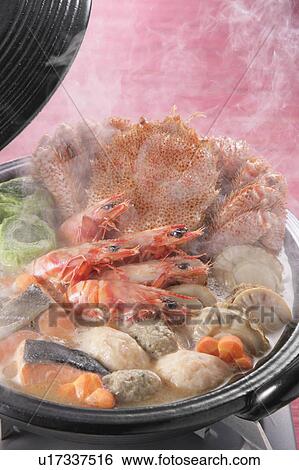 Stock Photograph - Boiled seafood in pot. Fotosearch