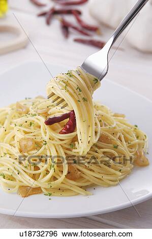 Stock Photograph - Spaghetti with red pepper and garlic sauce. Fotosearch