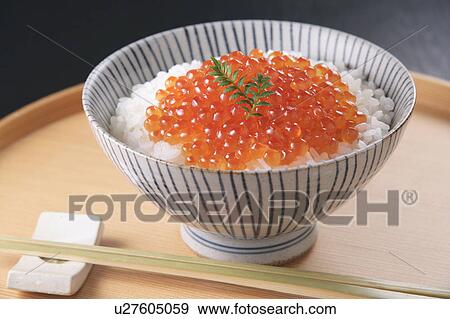 Stock Photo - Salmon roe on rice in bowl. Fotosearch