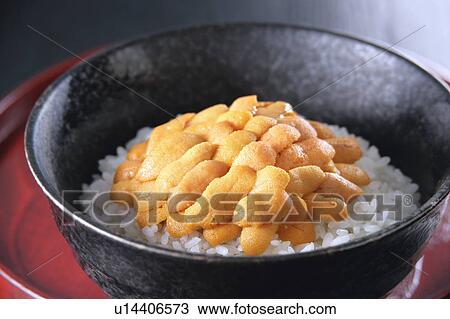Stock Image - Sea urchin on rice in bowl. Fotosearch