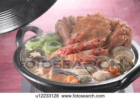Stock Photo - Boiled seafood in pot. Fotosearch
