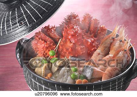 Stock Photograph - Boiled seafood in pot. Fotosearch