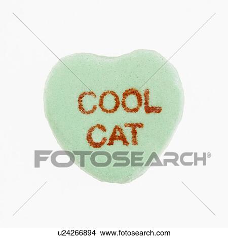 Picture - Green candy heart that reads cool cat against white background.. Fotosearch