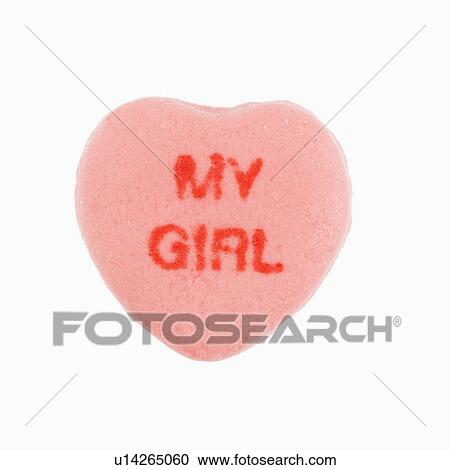 Stock Image - Pink candy heart that reads my girl against white background.. Fotosearch