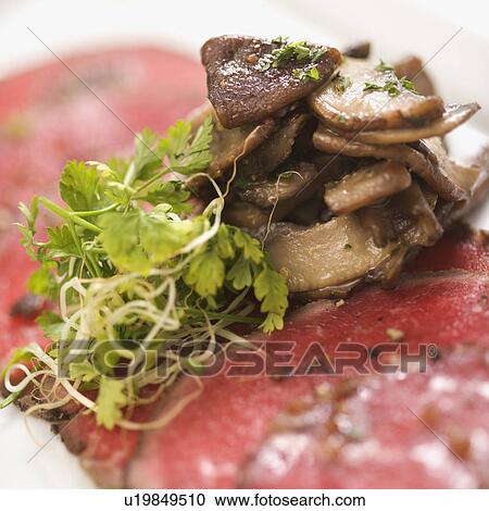 Pepper charred beef carpaccio with mushrooms. View Large Photo Image Stock Image - Pepper charred beef carpaccio with mushrooms.. Fotosearch