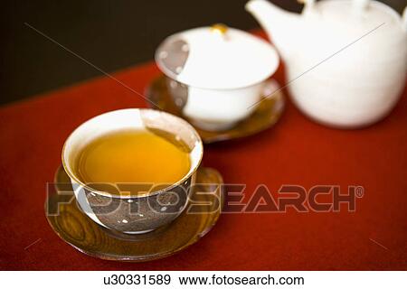Stock Photo - Tea pot and two cups of green tea on a table, high angle view, close up, black background, differential focus. Fotosearch