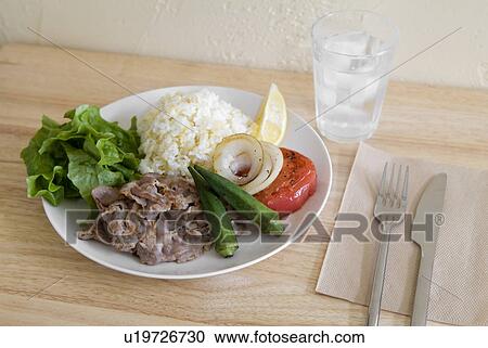 Grilled port and steamed rice View Large Photo Image Stock Image - Grilled port and steamed rice. Fotosearch