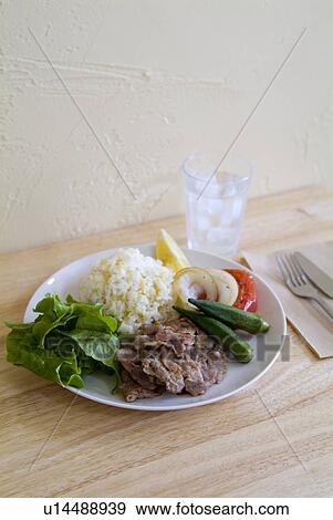 Stock Photo - Grilled port and steamed rice. Fotosearch