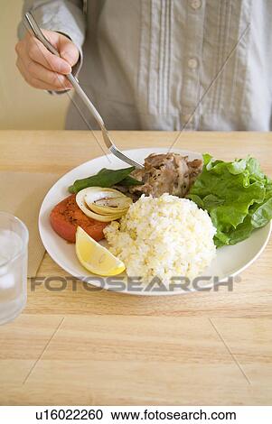 Woman eating grilled pork View Large Photo Image Stock Image - Woman eating grilled pork. Fotosearch