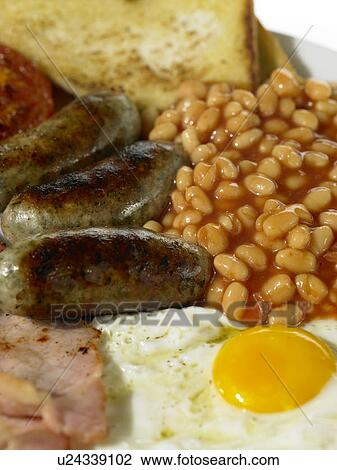 Stock Image - British Breakfast, Bacon, Eggs, Sausage, Beans. Fotosearch