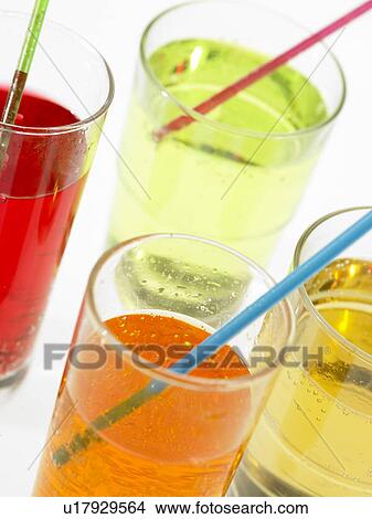 Four Glasses of fizzy drinks with straws View Large Photo Image Picture - Four Glasses of fizzy drinks with straws. Fotosearch