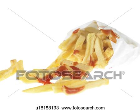 Stock Image - French fried Chips and Tomato Sauce in take out packaging. Fotosearch