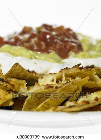 Nacho chips and various dips View Large Photo Image Stock Photo - Nacho chips and various dips. Fotosearch
