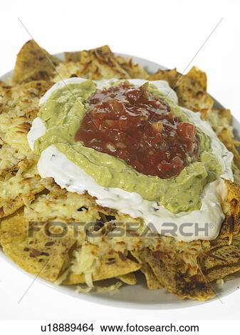 Nacho chips with sour cream guacamole and salsa View Large Photo Image Picture - Nacho chips with sour cream guacamole and salsa. Fotosearch