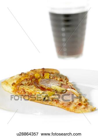 Stock Photo - One slice of Takeaway Pizza with a Drink in the background. Fotosearch