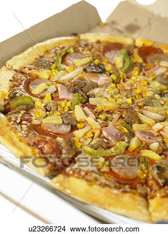 One Takeaway Pizza with various toppings View Large Photo Image Picture - One Takeaway Pizza with various toppings. Fotosearch