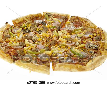 Stock Photograph - One takeaway pizza with various toppings. Fotosearch