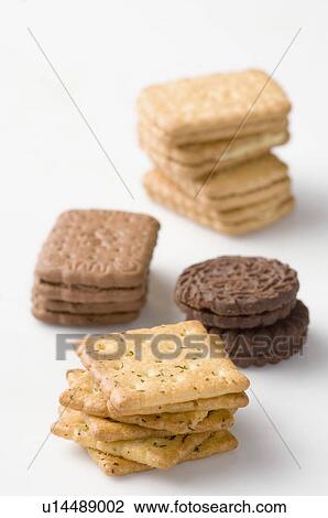 Close-up of stacks of various biscuits View Large Photo Image Stock Image - Close-up of stacks of various biscuits. Fotosearch