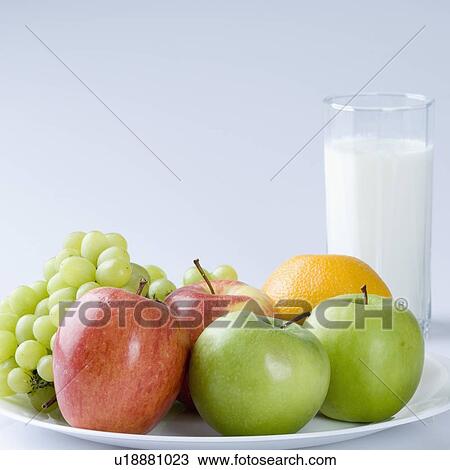 Stock Image - Glass of milk with fruits. Fotosearch