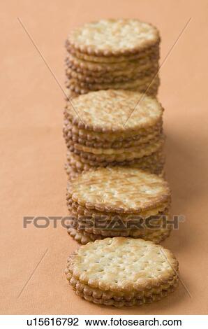 Stock Image - Close-up of stacks of biscuits. Fotosearch
