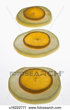 Stock Image - Close-up of slices of cantaloupe and orange. Fotosearch