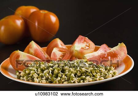 Close-up of a plate of bean sprout with slices of tomato View Large Photo Image Stock Image - Close-up of a plate of bean sprout with slices of tomato. Fotosearch