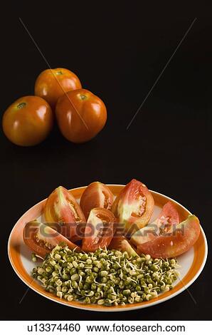 Close-up of a plate of bean sprout with slices of tomato View Large Photo Image Stock Image - Close-up of a plate of bean sprout with slices of tomato. Fotosearch