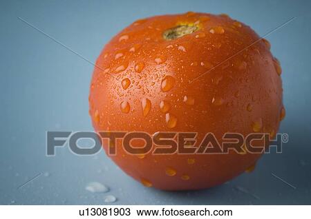 Stock Image - Close-up of water droplets on a tomato. Fotosearch
