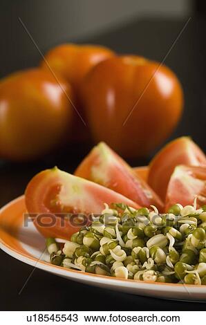 Stock Image - Close-up of a plate of bean sprout with slices of tomato. Fotosearch