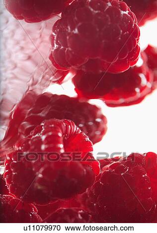 Stock Image - Raspberries floating in water. Fotosearch