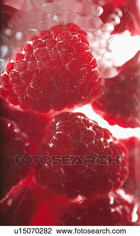 Stock Image - Raspberries floating in water. Fotosearch