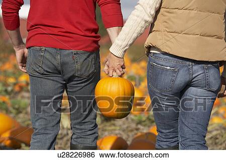 Stock Photograph - Couple in organic pumpkin patch, Ladner, British Columbia, Canada. Fotosearch
