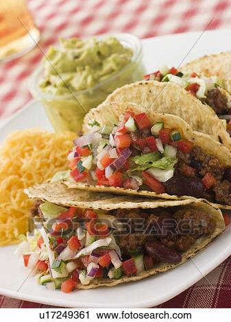 Beef Tacos with Cheese Salad and Guacamole View Large Photo Image Stock Image - Beef Tacos with Cheese Salad and Guacamole. Fotosearch