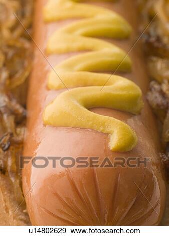 Hot Dog with Fried Onions and Mustard View Large Photo Image Stock Photo - Hot Dog with Fried Onions and Mustard. Fotosearch