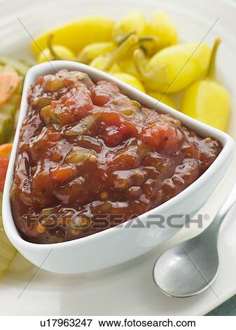 Stock Photo - Pot of Burger Relish with Pickled Californian Chillies. Fotosearch