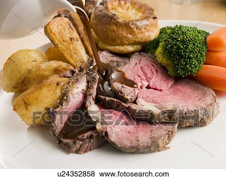 Gravy being Poured on a plate of Roast Beef and Yorkshire Pudding View Large Photo Image Stock Photo - Gravy being Poured on a plate of Roast Beef and Yorkshire Pudding. Fotosearch