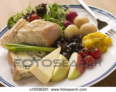 Stock Image - Stilton and Mature Cheddar Ploughman's. Fotosearch