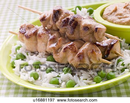 Chicken Satay Sticks with Peanut Butter Sauce and Fried Rice View Large Photo Image Stock Photo - Chicken Satay Sticks with Peanut Butter Sauce and Fried Rice. Fotosearch