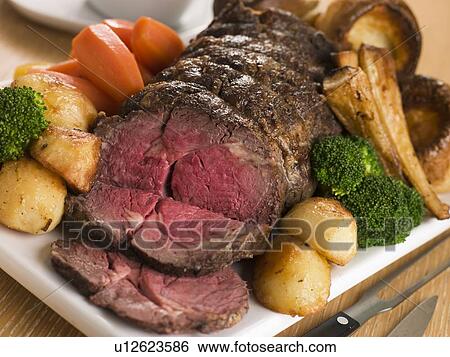 Stock Photograph - Roast Rib eye of British Beef with all the Trimmings. Fotosearch