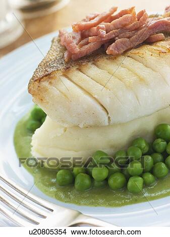 Roasted Cod Fillet with Mash Potato Peas and bacon View Large Photo Image Picture - Roasted Cod Fillet with Mash Potato Peas and bacon. Fotosearch