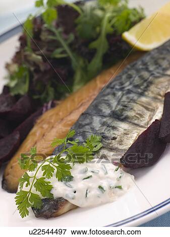 Stock Photo - Smoked Mackerel Beetroot Salad with Horseradish Cream. Fotosearch