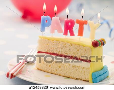 Stock Photograph - Party Candles on a Slice of Birthday Cake. Fotosearch