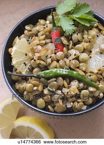 Bowl of Green Lentils cooked with Sliced Lemon Chili and Coriander View Large Photo Image Stock Photograph - Bowl of Green Lentils cooked with Sliced Lemon Chili and Coriander. Fotosearch