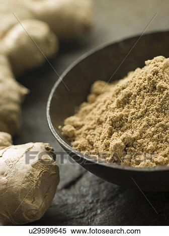 Stock Photography - Dish of Ginger Powder with Fresh Ginger Root. Fotosearch