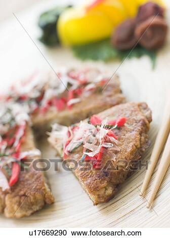 Stock Image - Savoury Pancake with Red Pickled Ginger and Bonito. Fotosearch