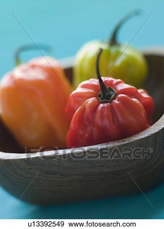 Scotch Bonnet Chilies In a Wooden Dish View Large Photo Image Stock Photo - Scotch Bonnet Chilies In a Wooden Dish. Fotosearch