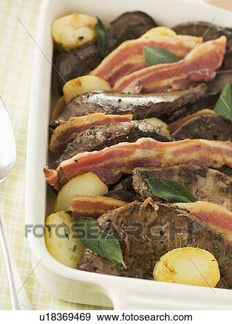 Calves Liver Bacon and Saute potatoes View Large Photo Image Stock Photo - Calves Liver Bacon and Saute potatoes. Fotosearch