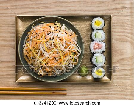 Daikon and Carrot Salad with Sesame Sushi and Wasabi (overhead) View Large Photo Image Stock Image - Daikon and Carrot Salad with Sesame Sushi and Wasabi (overhead). Fotosearch